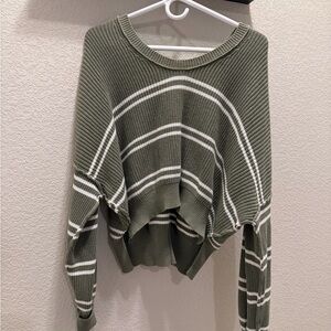 Aerie Olive and White Striped Crew Neck Sweater